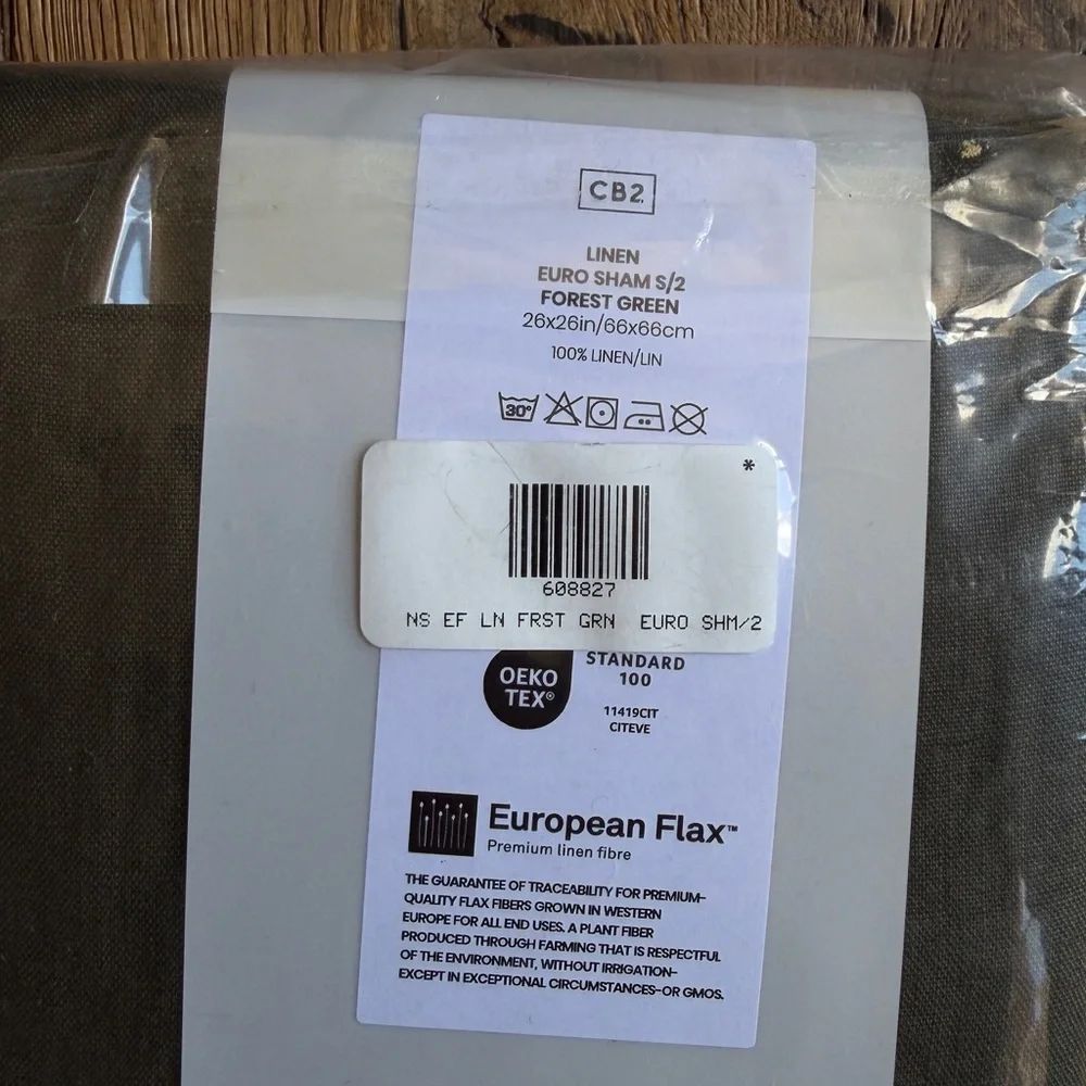 CB2 European Flax Linen Euro Pillow Shams Set of 2 Forest Green NIP